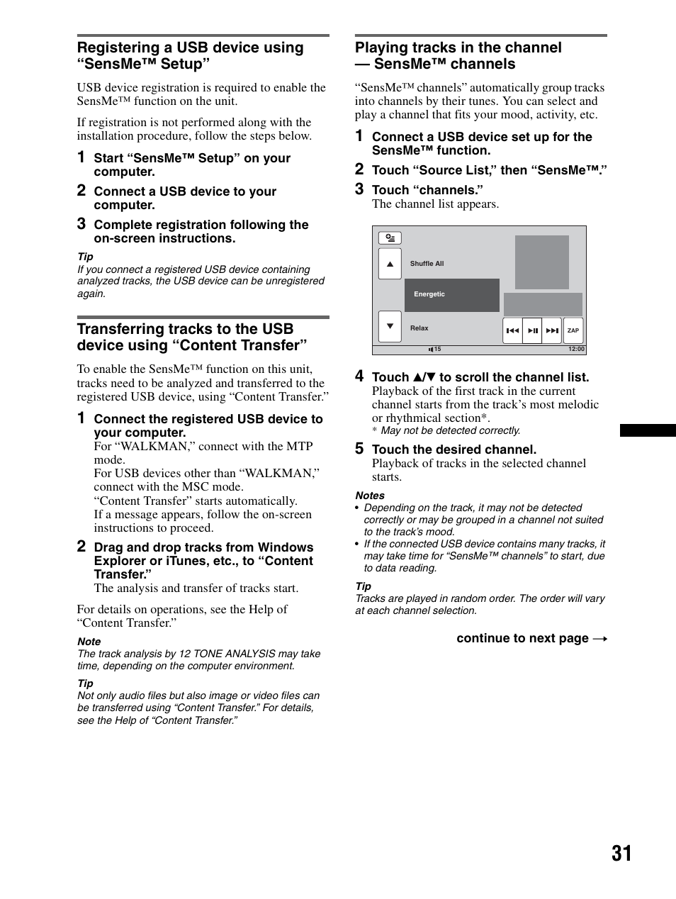 Registering a usb device using “sensme™ setup, Playing tracks in the channel — sensme™ channels, Sensme™ channels | Sony XAV-70BT User Manual | Page 31 / 240