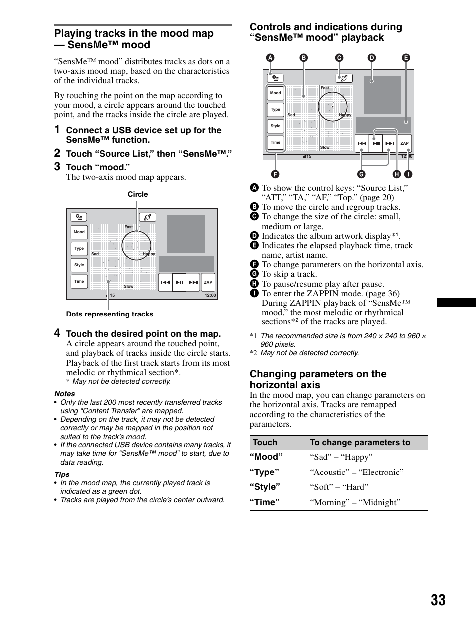 Playing tracks in the mood map — sensme™ mood, Playing tracks in the mood map, Sensme™ mood | Changing parameters on the horizontal axis | Sony XAV-70BT User Manual | Page 33 / 240