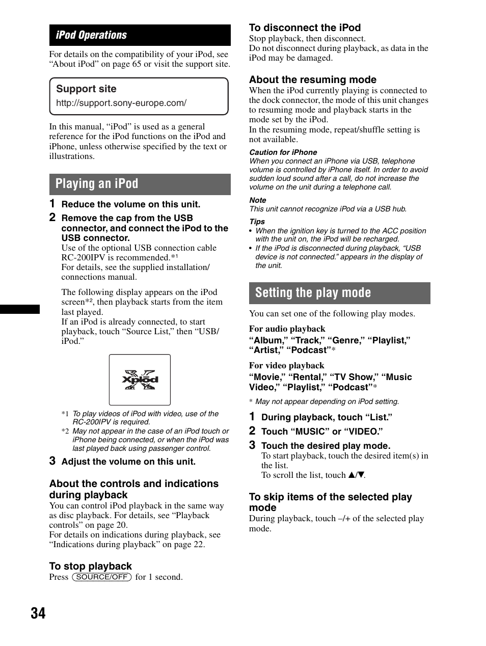 Ipod operations, Playing an ipod, Setting the play mode | Sony XAV-70BT User Manual | Page 34 / 240