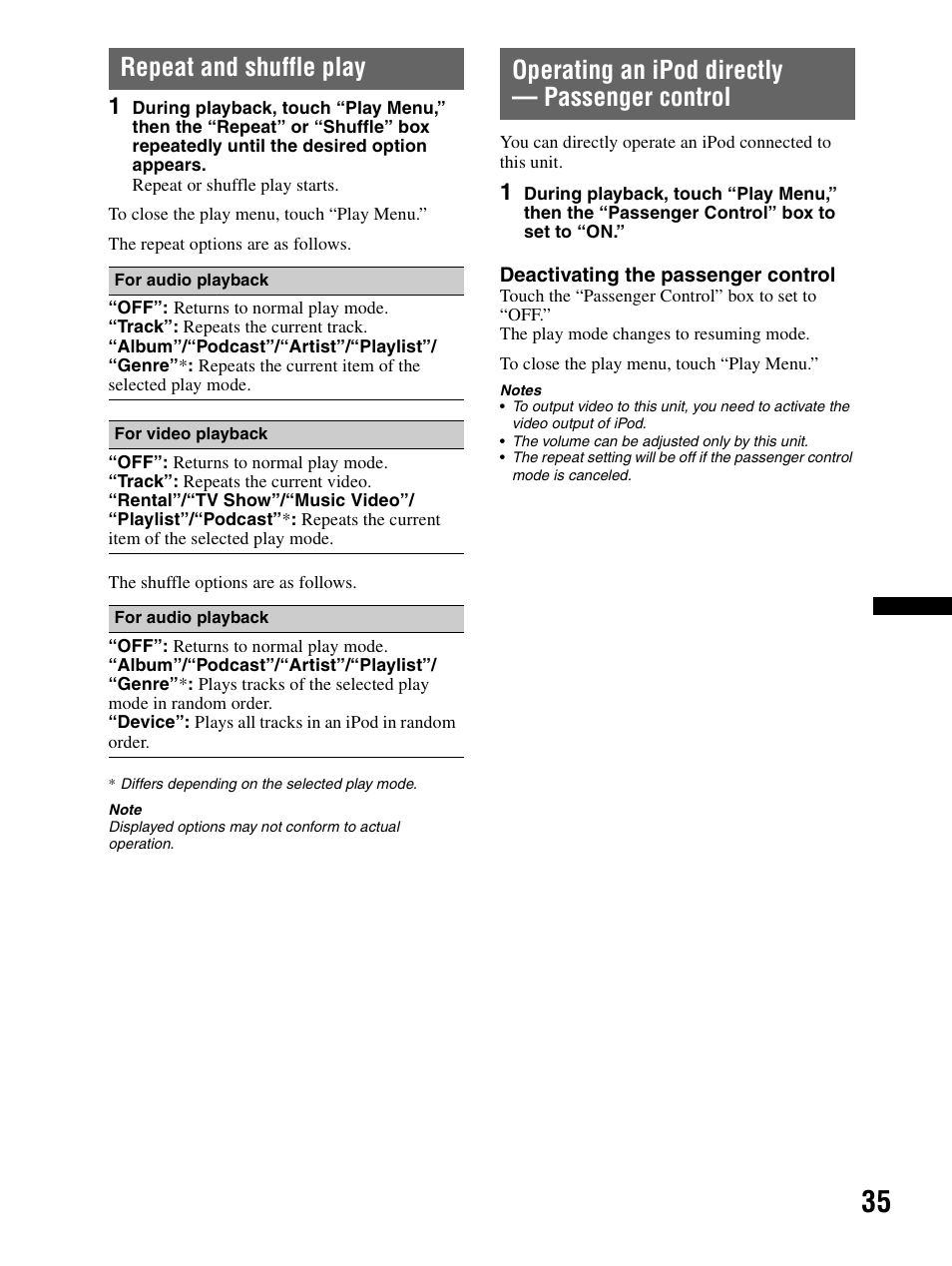 Repeat and shuffle play, Operating an ipod directly — passenger control, Operating an ipod directly | Passenger control | Sony XAV-70BT User Manual | Page 35 / 240