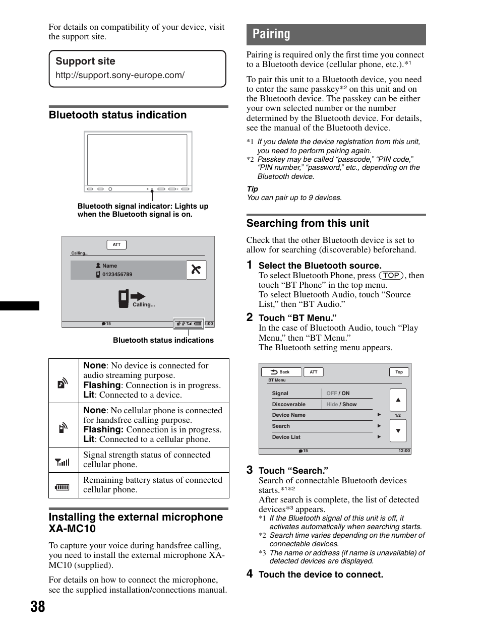 Bluetooth status indication, Installing the external microphone xa-mc10, Pairing | Searching from this unit, Xa-mc10, Support site | Sony XAV-70BT User Manual | Page 38 / 240