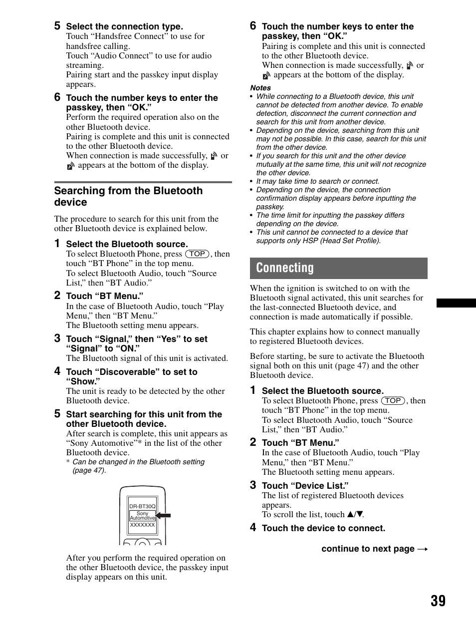 Searching from the bluetooth device, Connecting | Sony XAV-70BT User Manual | Page 39 / 240