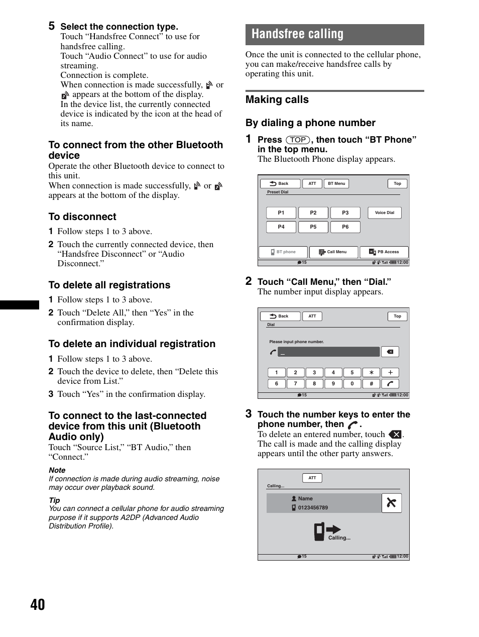 Handsfree calling, Making calls, By dialing a phone number | Sony XAV-70BT User Manual | Page 40 / 240