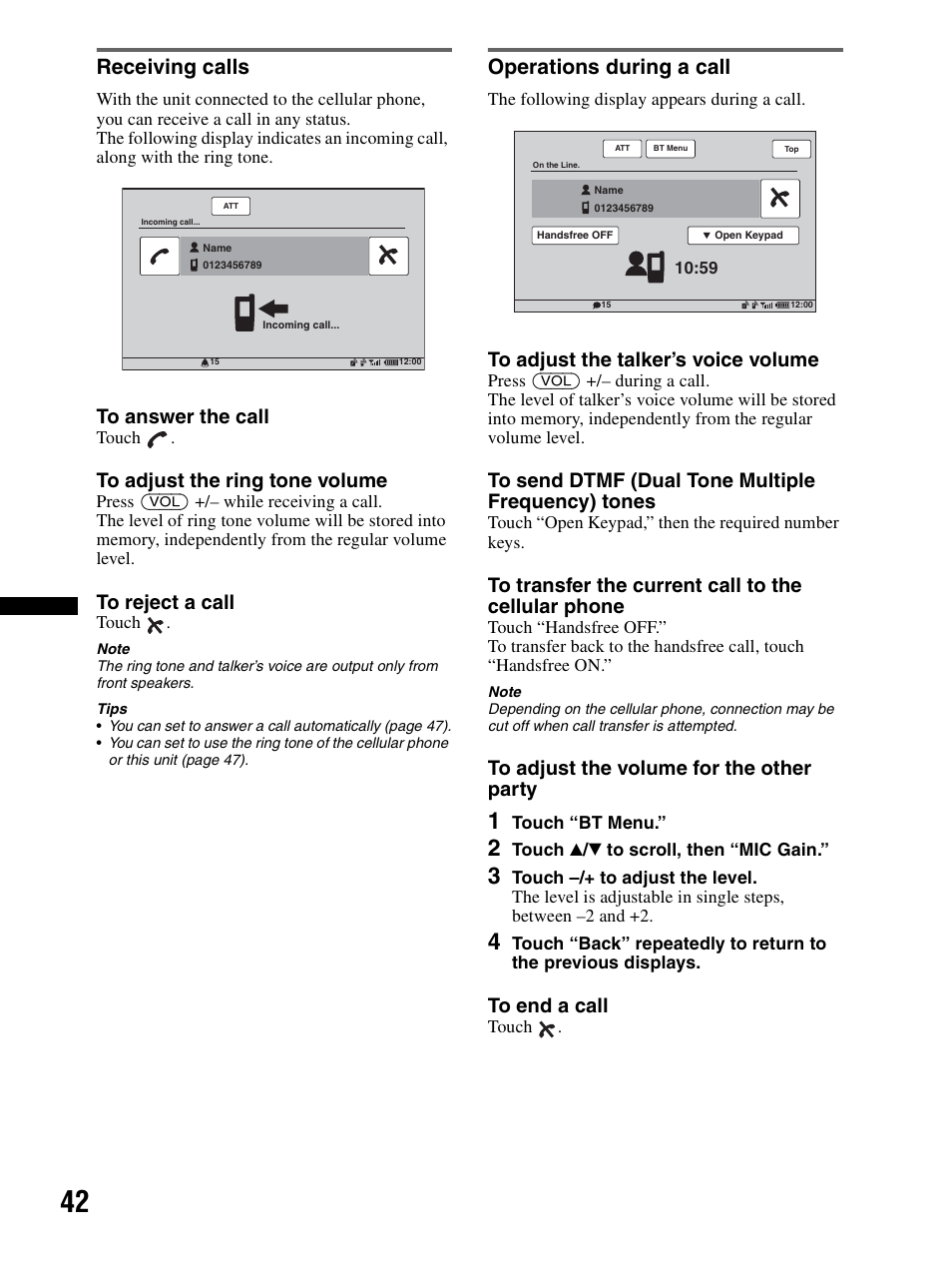 Receiving calls, Operations during a call, Receiving calls operations during a call | Sony XAV-70BT User Manual | Page 42 / 240