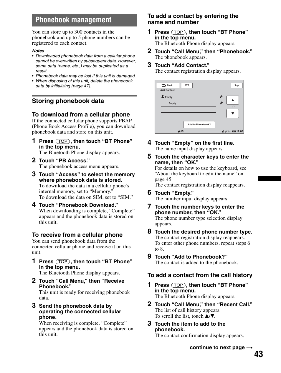 Phonebook management, Storing phonebook data | Sony XAV-70BT User Manual | Page 43 / 240