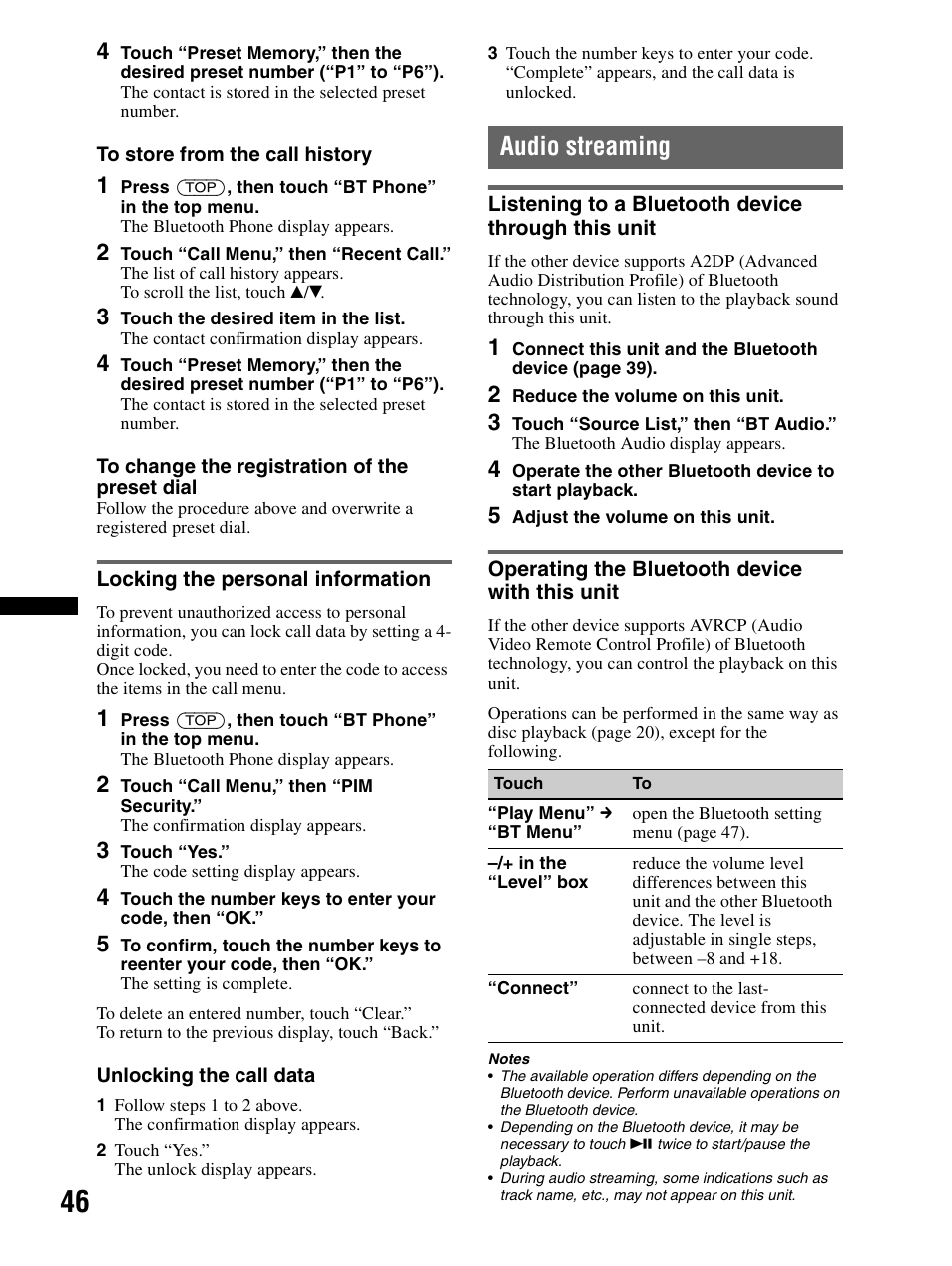 Locking the personal information, Audio streaming, Listening to a bluetooth device through this unit | Operating the bluetooth device with this unit, Listening to a bluetooth device through, This unit operating the bluetooth device with, This unit | Sony XAV-70BT User Manual | Page 46 / 240