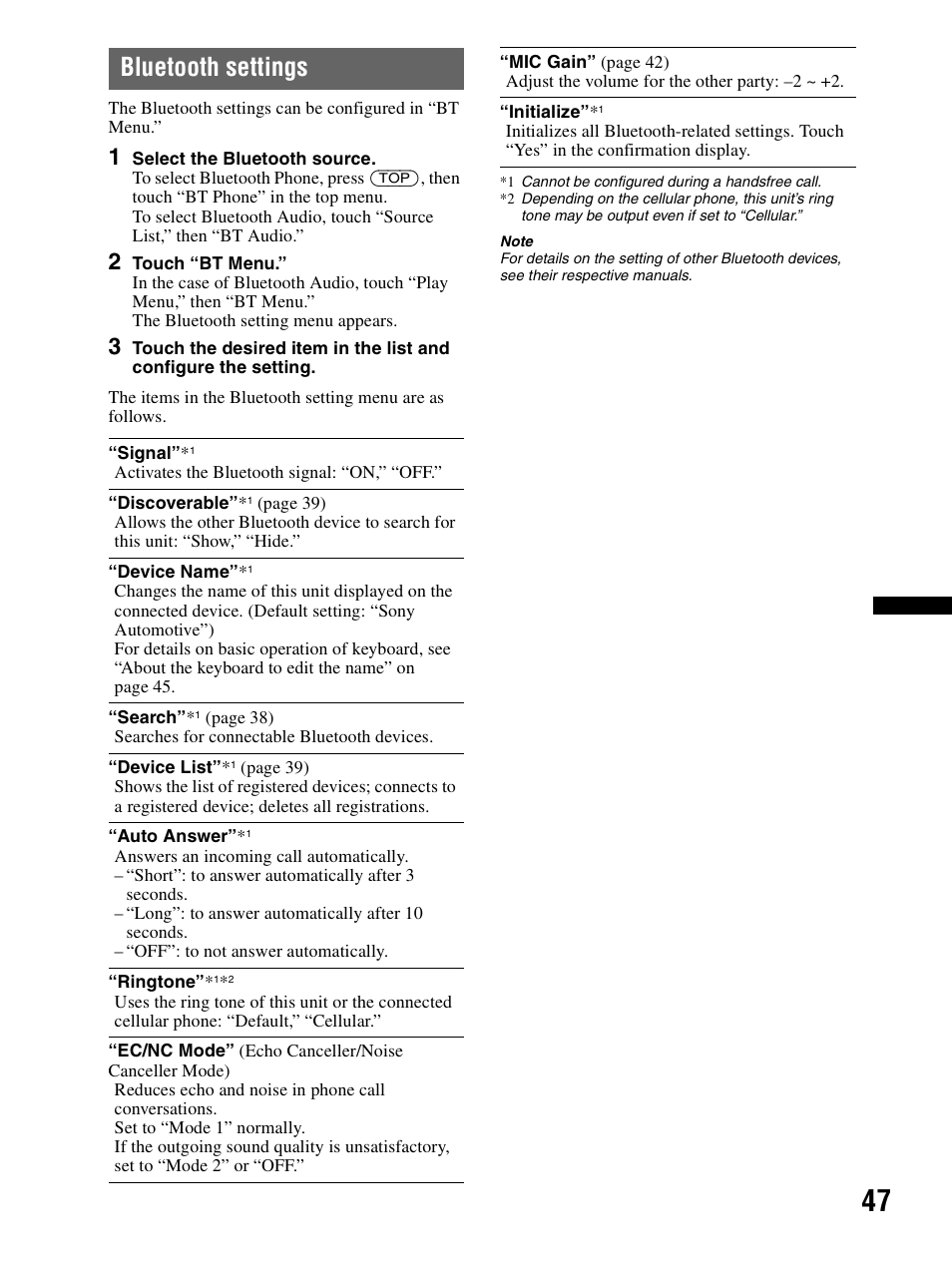 Bluetooth settings | Sony XAV-70BT User Manual | Page 47 / 240