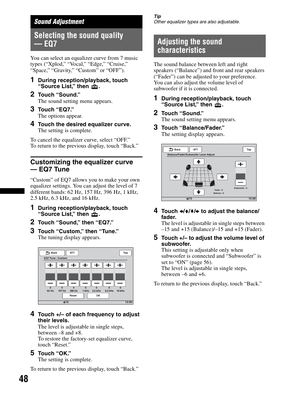 Sound adjustment, Selecting the sound quality — eq7, Customizing the equalizer curve — eq7 tune | Adjusting the sound characteristics, Customizing the equalizer curve, Eq7 tune | Sony XAV-70BT User Manual | Page 48 / 240