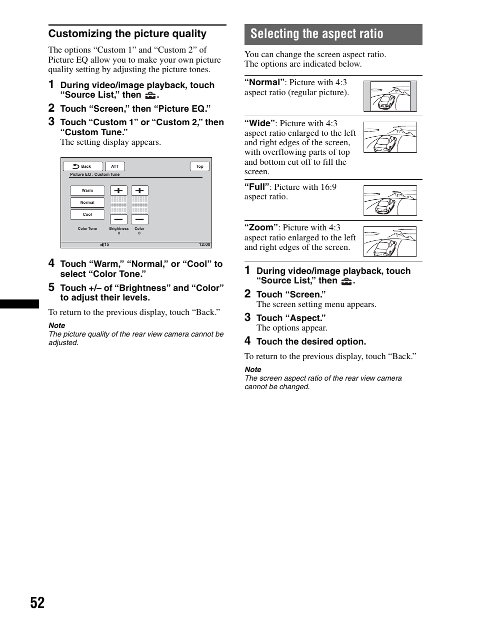 Customizing the picture quality, Selecting the aspect ratio | Sony XAV-70BT User Manual | Page 52 / 240