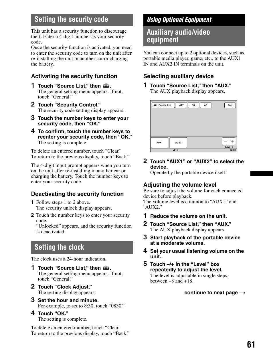 Setting the security code, Setting the clock, Using optional equipment | Auxiliary audio/video equipment | Sony XAV-70BT User Manual | Page 61 / 240