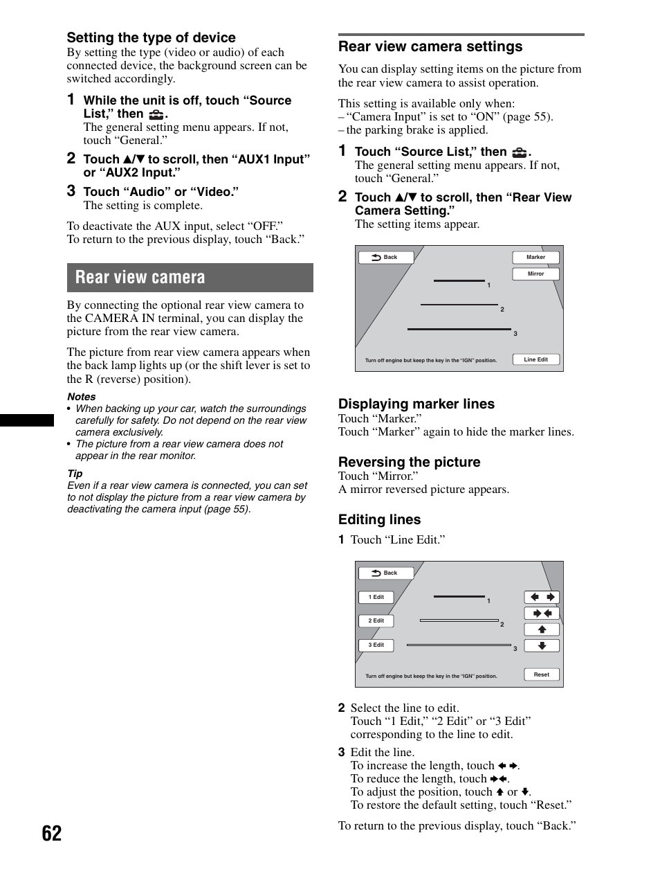 Rear view camera, Rear view camera settings, Setting the type of device | Displaying marker lines, Reversing the picture, Editing lines | Sony XAV-70BT User Manual | Page 62 / 240