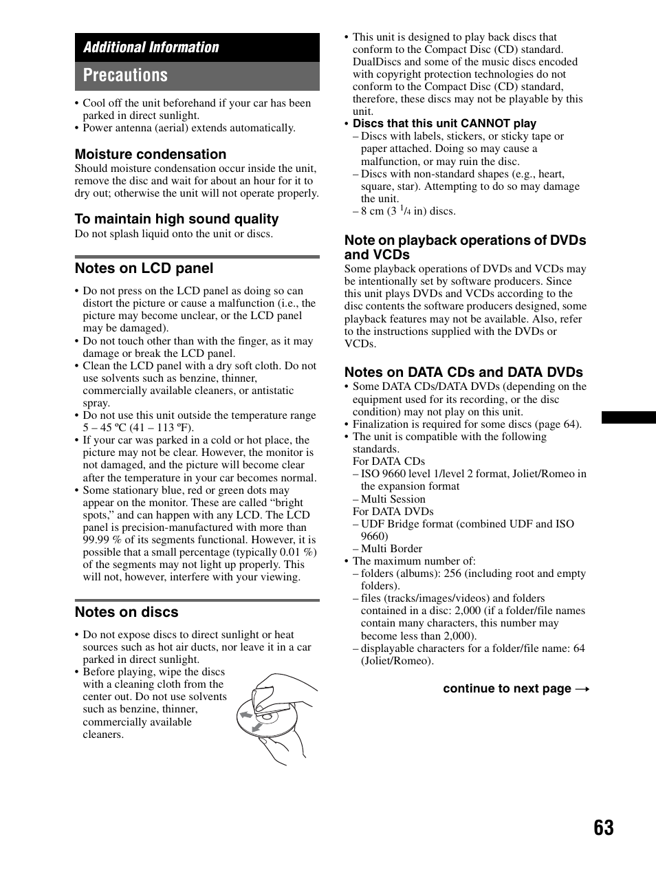 Additional information, Precautions, Notes on lcd panel | Notes on discs, Notes on lcd panel notes on discs | Sony XAV-70BT User Manual | Page 63 / 240