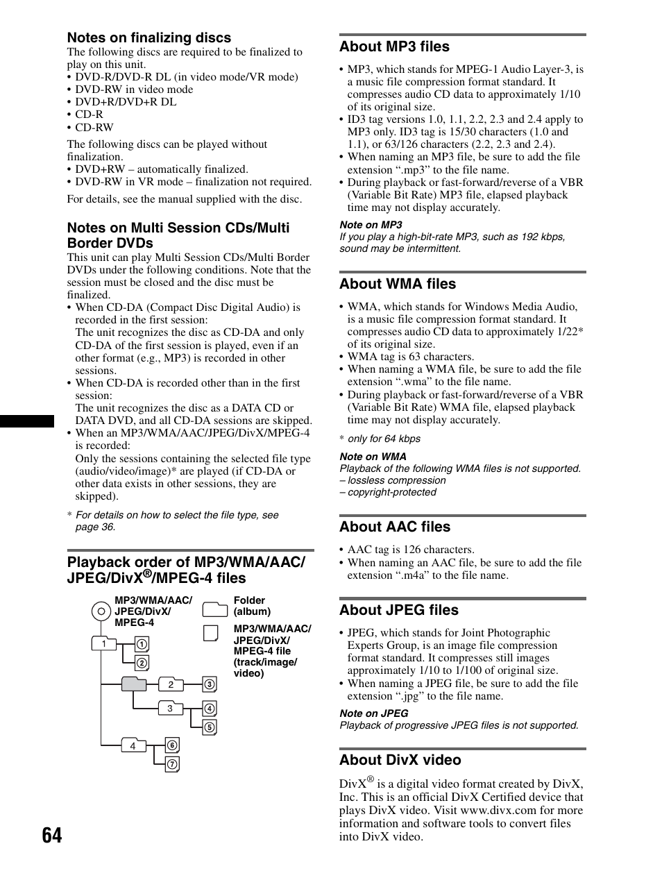 About mp3 files, About wma files, About aac files | About jpeg files, About divx video, Playback order of mp3/wma/aac/jpeg/ divx, Mpeg-4 files, Playback order of mp3/wma/aac/ jpeg/divx, Mpeg-4 files about mp3 files | Sony XAV-70BT User Manual | Page 64 / 240