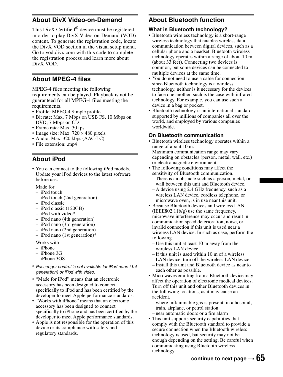 About divx video-on-demand, About mpeg-4 files, About ipod | About bluetooth function | Sony XAV-70BT User Manual | Page 65 / 240