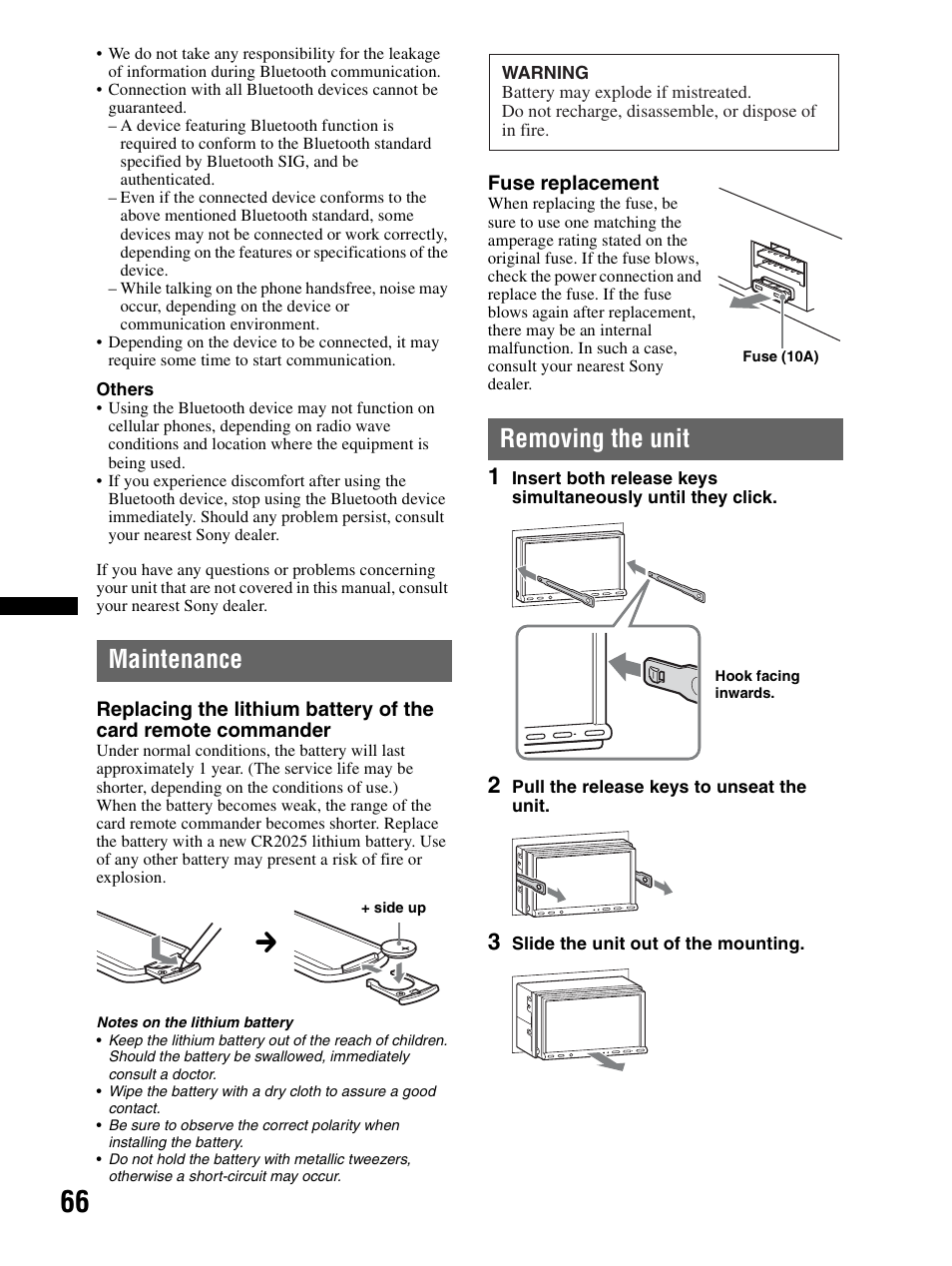 Maintenance, Removing the unit | Sony XAV-70BT User Manual | Page 66 / 240