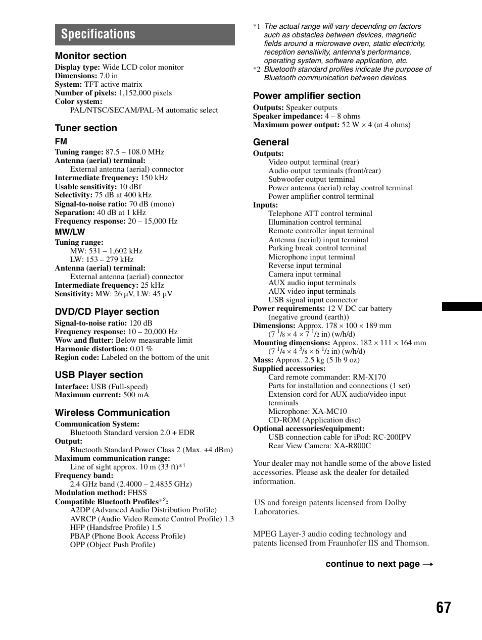 Specifications, Wireless communication, General | Sony XAV-70BT User Manual | Page 67 / 240