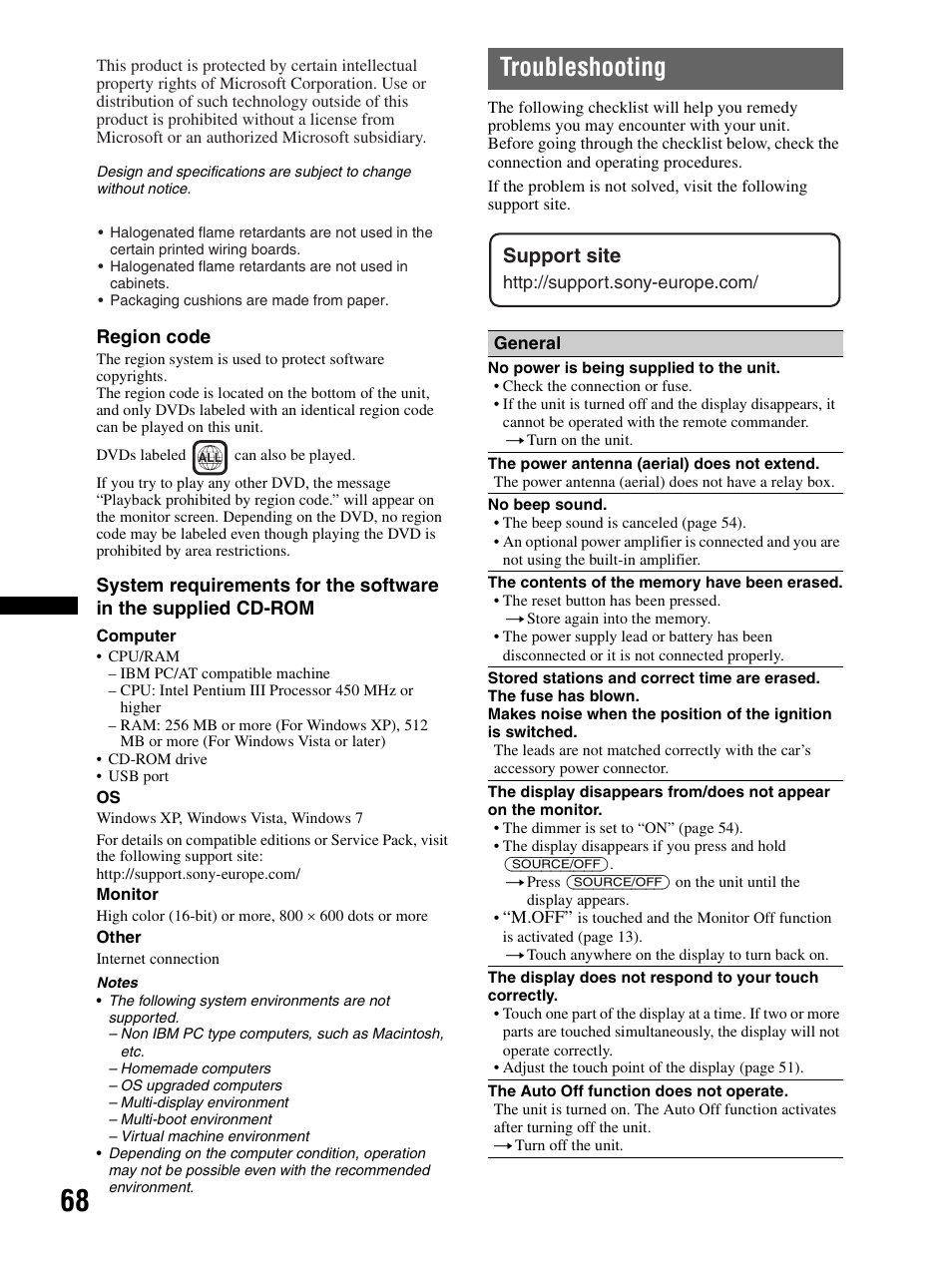 Troubleshooting, Support site | Sony XAV-70BT User Manual | Page 68 / 240