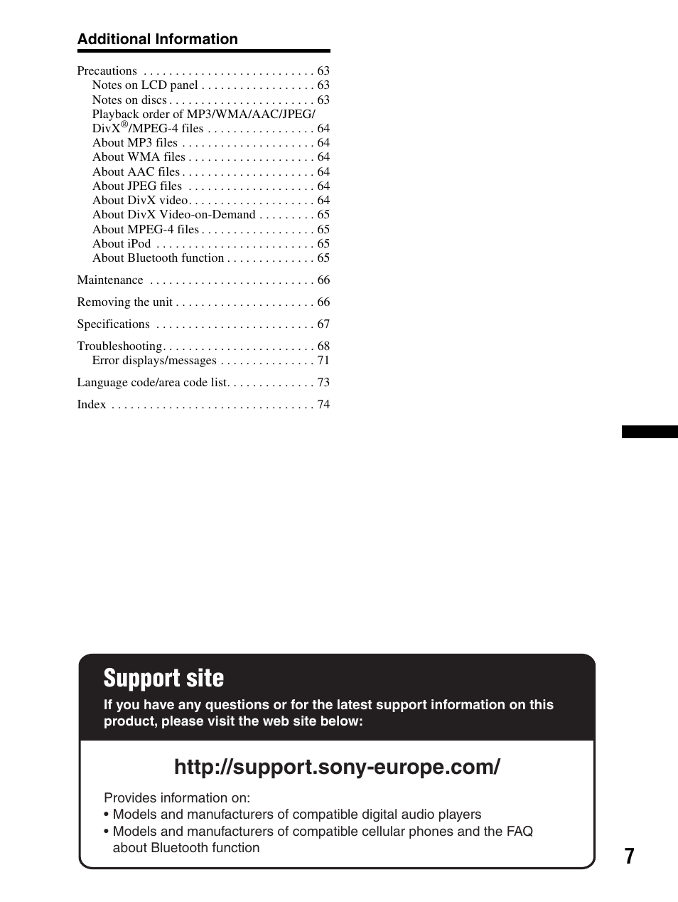 Support site | Sony XAV-70BT User Manual | Page 7 / 240