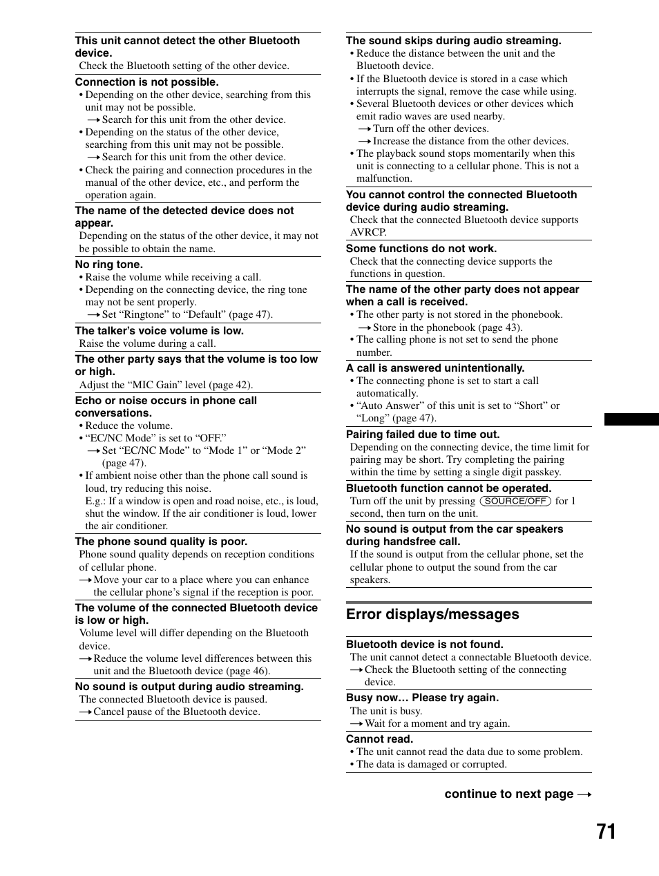 Error displays/messages | Sony XAV-70BT User Manual | Page 71 / 240