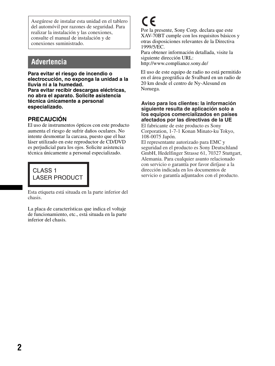 Advertencia | Sony XAV-70BT User Manual | Page 76 / 240