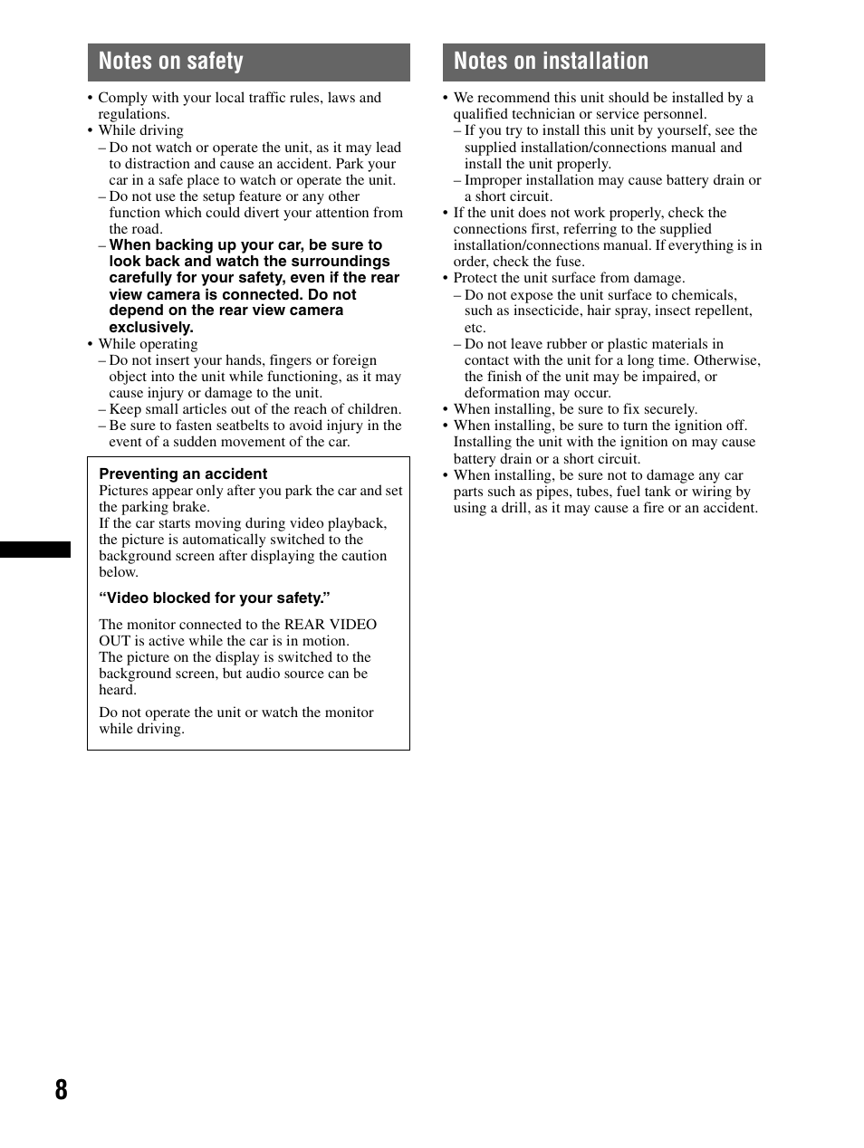 Notes on safety, Notes on installation | Sony XAV-70BT User Manual | Page 8 / 240