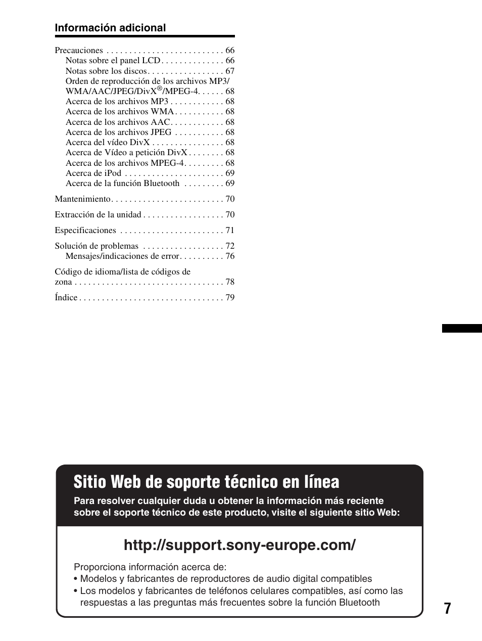 Sitio web de soporte técnico en línea | Sony XAV-70BT User Manual | Page 81 / 240