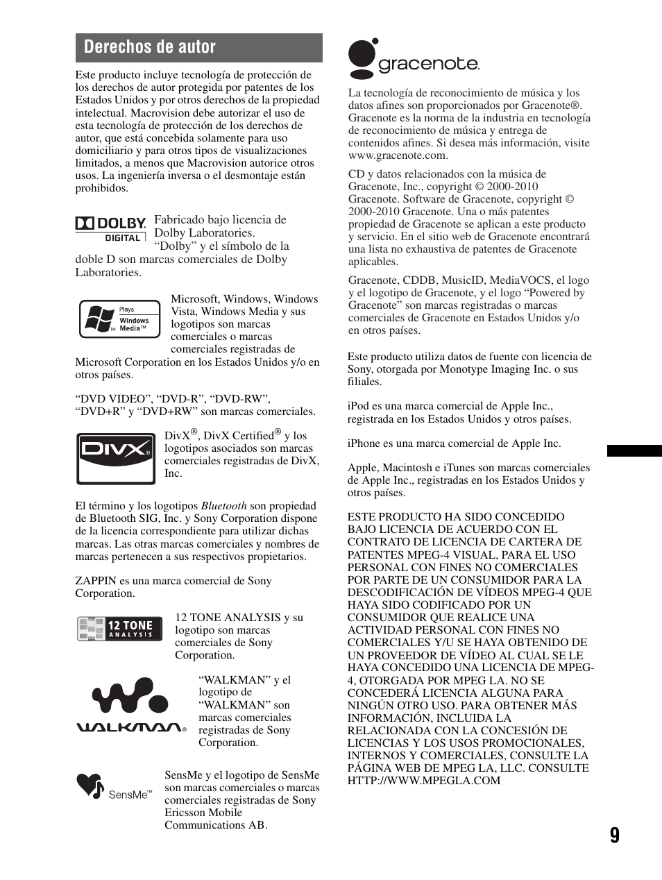 Derechos de autor | Sony XAV-70BT User Manual | Page 83 / 240