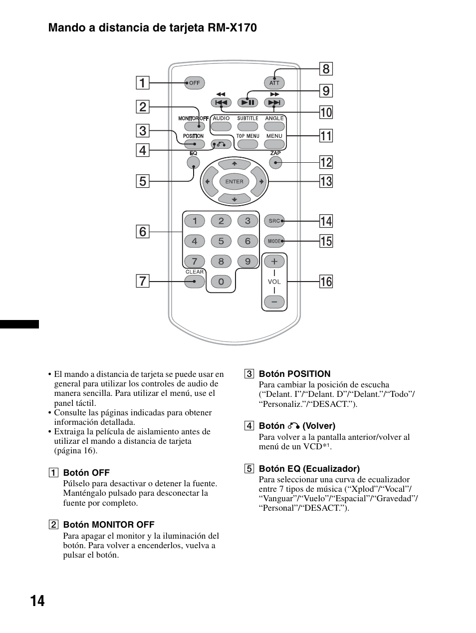 Mando a distancia de tarjeta rm-x170, Mando a distancia de tarjeta, Rm-x170 | Sony XAV-70BT User Manual | Page 88 / 240