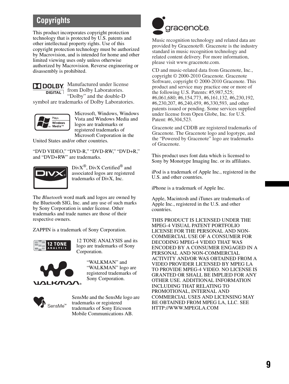 Copyrights | Sony XAV-70BT User Manual | Page 9 / 240