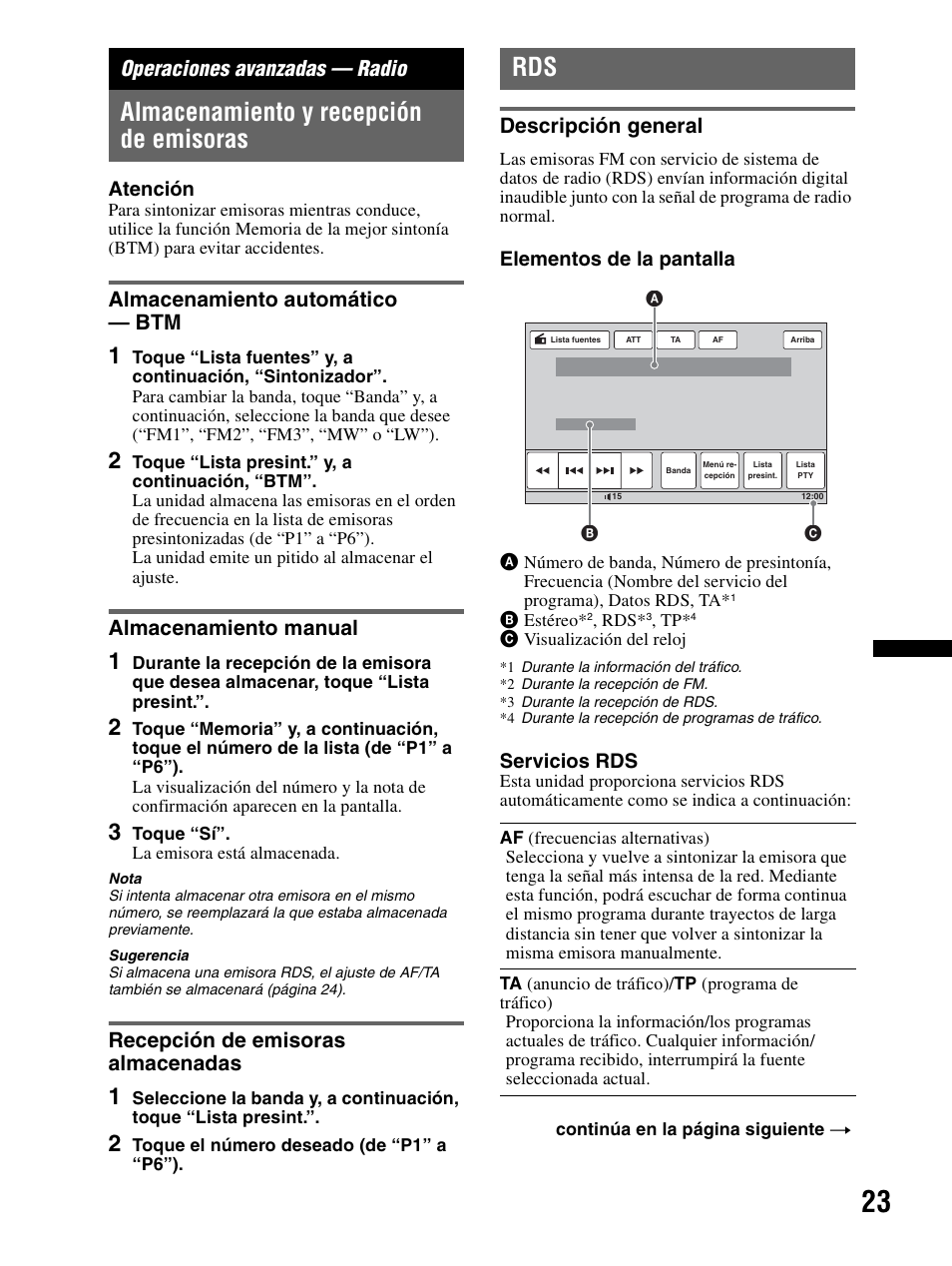 Operaciones avanzadas — radio, Almacenamiento y recepción de emisoras, Almacenamiento automático — btm | Almacenamiento manual, Recepción de emisoras almacenadas, Descripción general, Atención, Elementos de la pantalla, Servicios rds | Sony XAV-70BT User Manual | Page 97 / 240