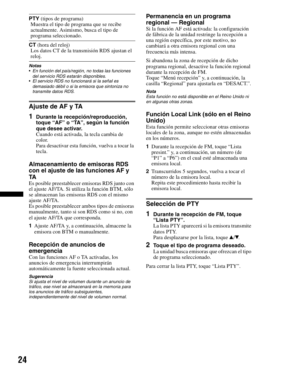 Ajuste de af y ta, Selección de pty, Ajuste de af y ta selección de pty | Sony XAV-70BT User Manual | Page 98 / 240