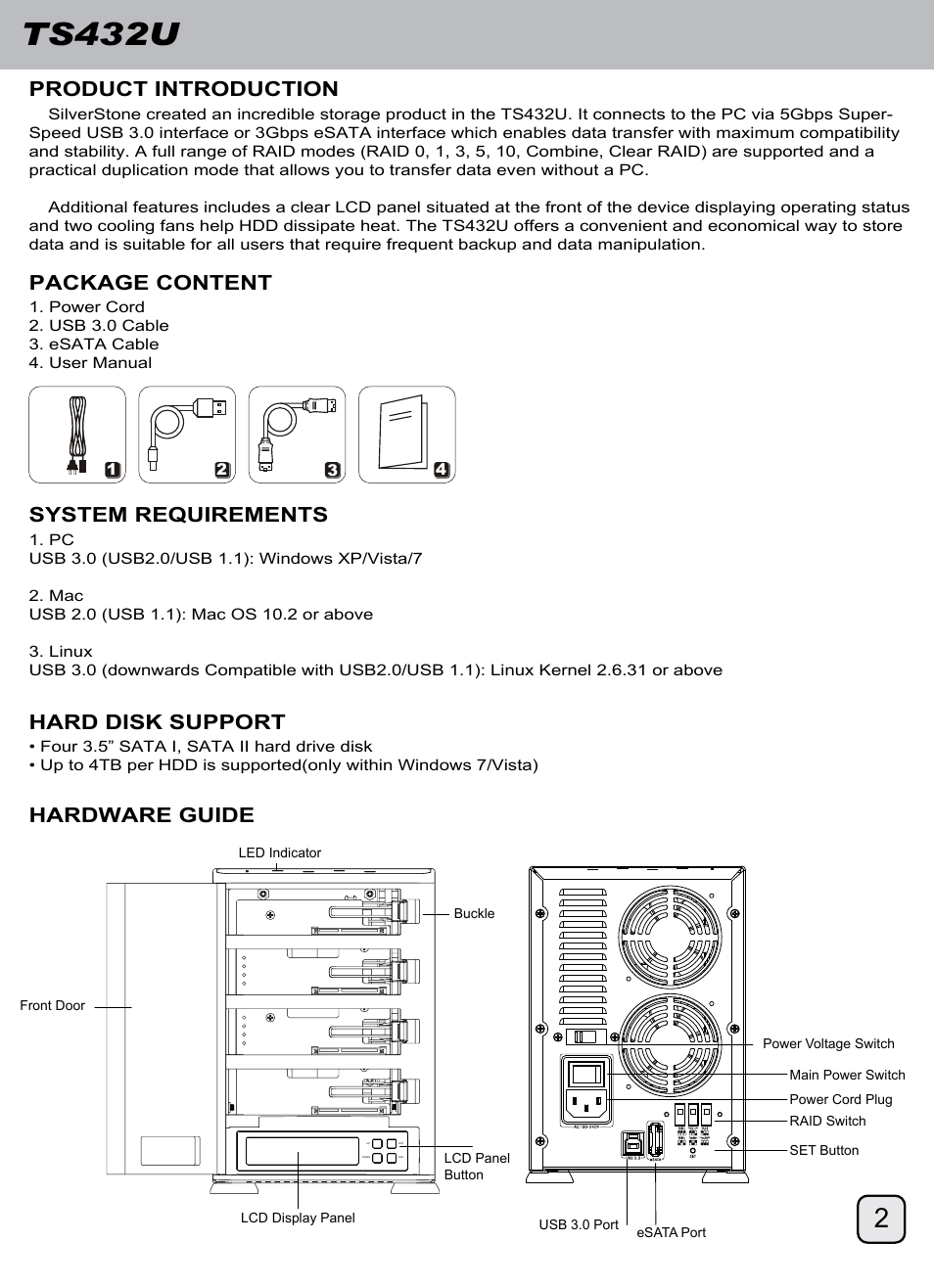 Manual-ts432u(trt-33)-p2-v1, Ts432u, Product introduction | System requirements, Hard disk support, Package content, Hardware guide | SilverStone TS432U User Manual | Page 3 / 148