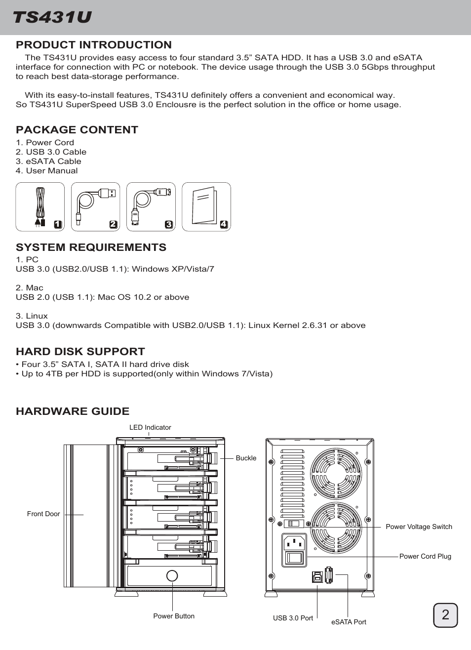 Manual-ts431u(trt-31)-p2-v1, Ts431u, Product introduction | System requirements, Hard disk support, Package content, Hardware guide | SilverStone TS431U User Manual | Page 3 / 8