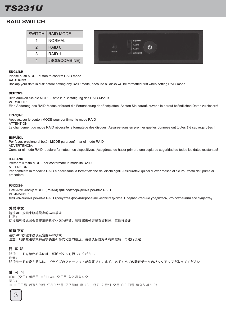 Manual-ts231u(trt-30)-p3-v2, Ts231u, Raid switch | SilverStone TS231U User Manual | Page 4 / 16