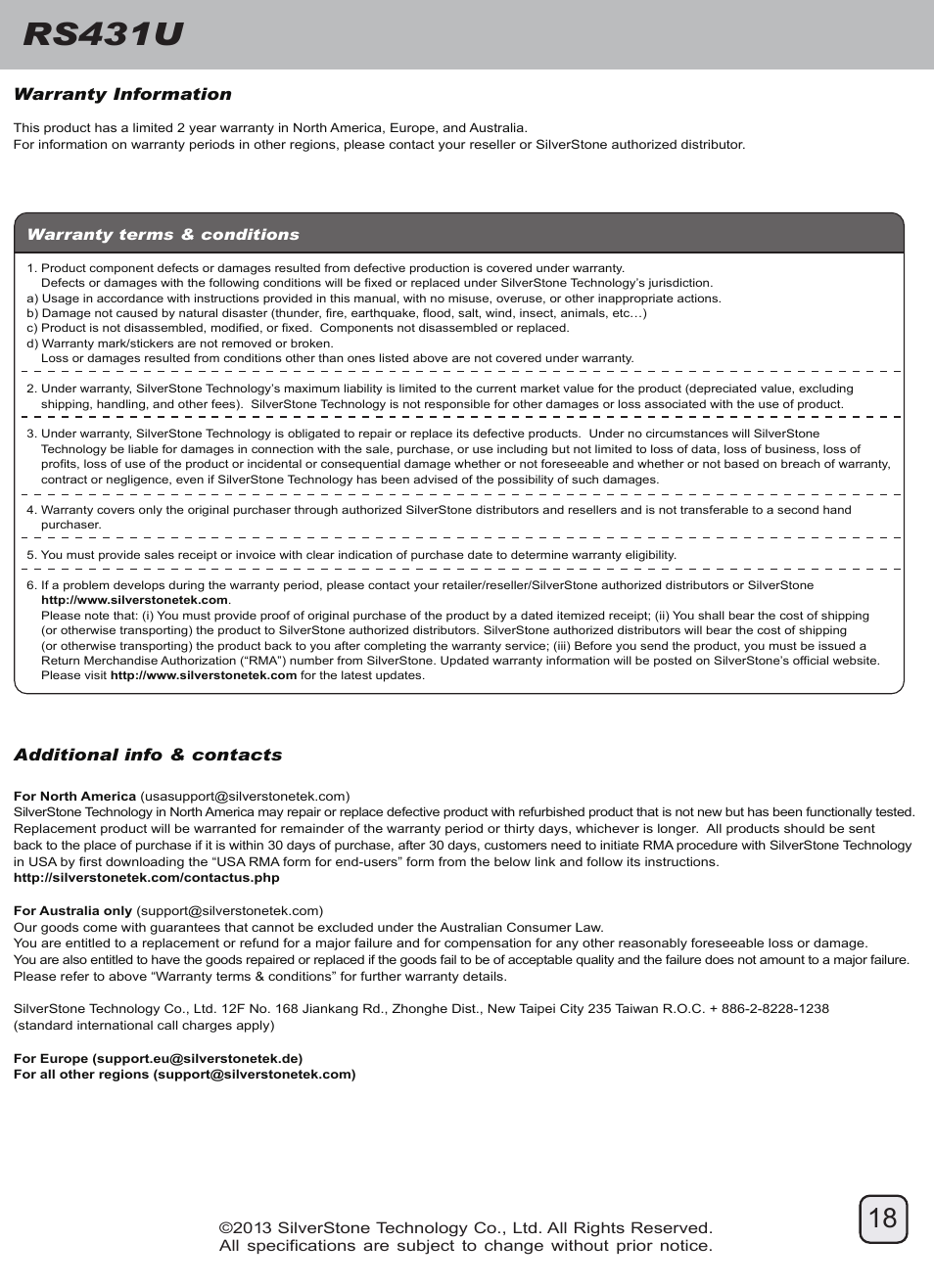 Manual-rs431u(trt-47)-p18-v1, Rs431u, Warranty information | Additional info & contacts | SilverStone RS431U User Manual | Page 19 / 20