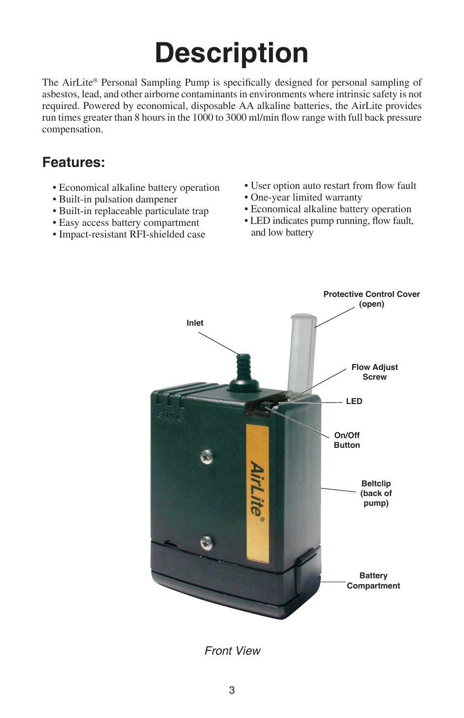 Description, Features, Front view | SKC 110-100 AirLite User Manual | Page 5 / 16