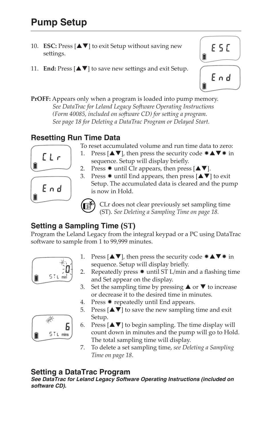 Pump setup, Resetting run time data, Setting a sampling time (st) | Setting a datatrac program | SKC 100-3000 Leland Legacy User Manual | Page 11 / 25