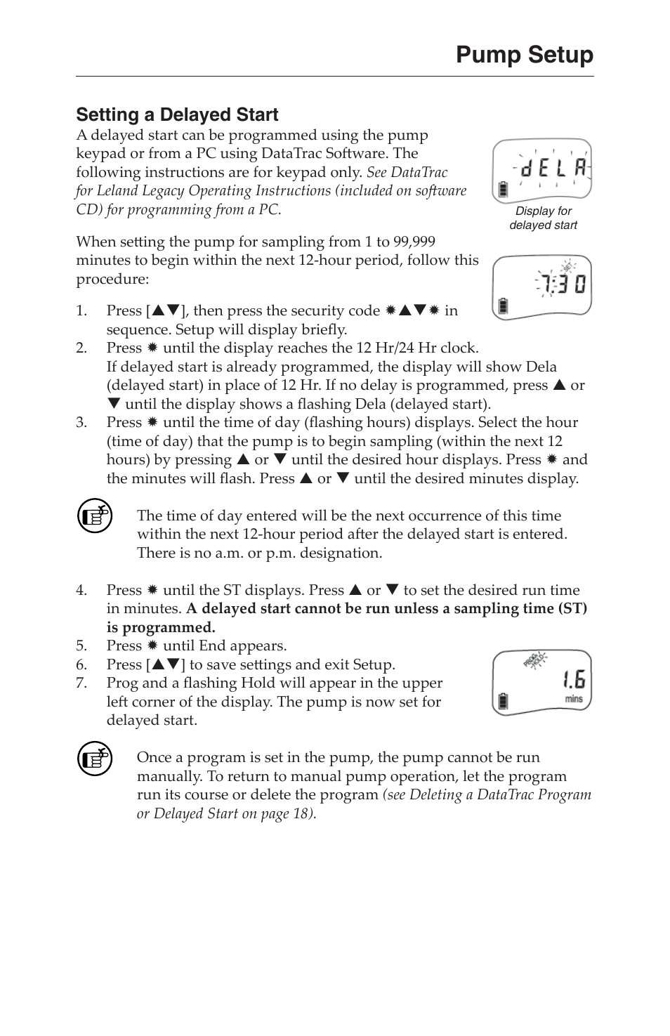 Pump setup, Setting a delayed start | SKC 100-3000 Leland Legacy User Manual | Page 12 / 25