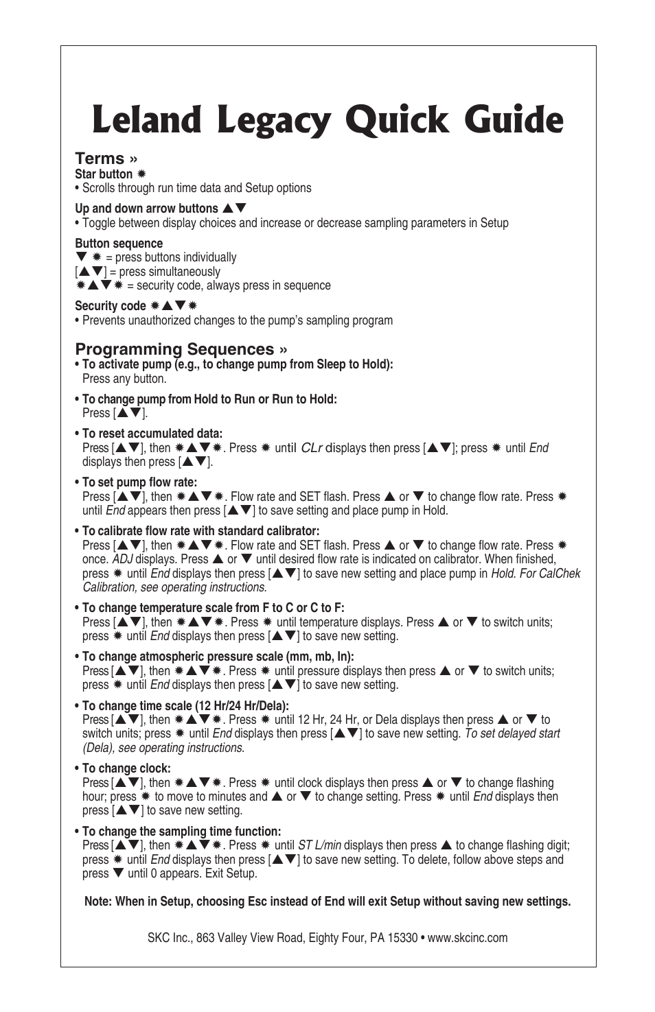 Leland legacy quick guide, Terms, Programming sequences | SKC 100-3000 Leland Legacy User Manual | Page 2 / 25