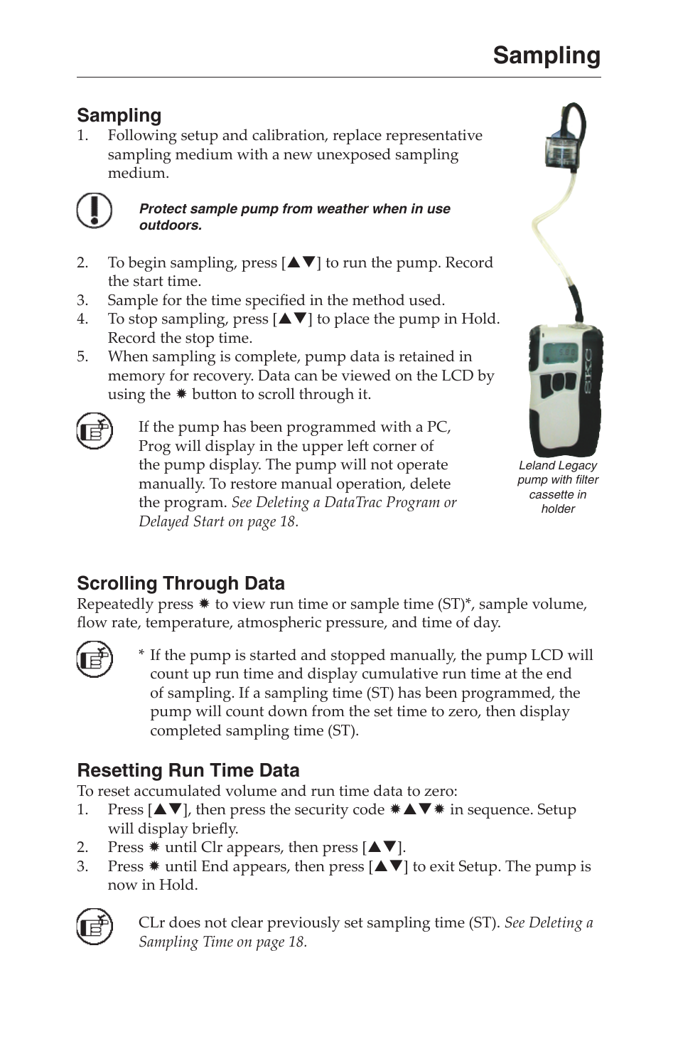 Sampling, Scrolling through data, Resetting run time data | SKC 100-3000 Leland Legacy User Manual | Page 20 / 25