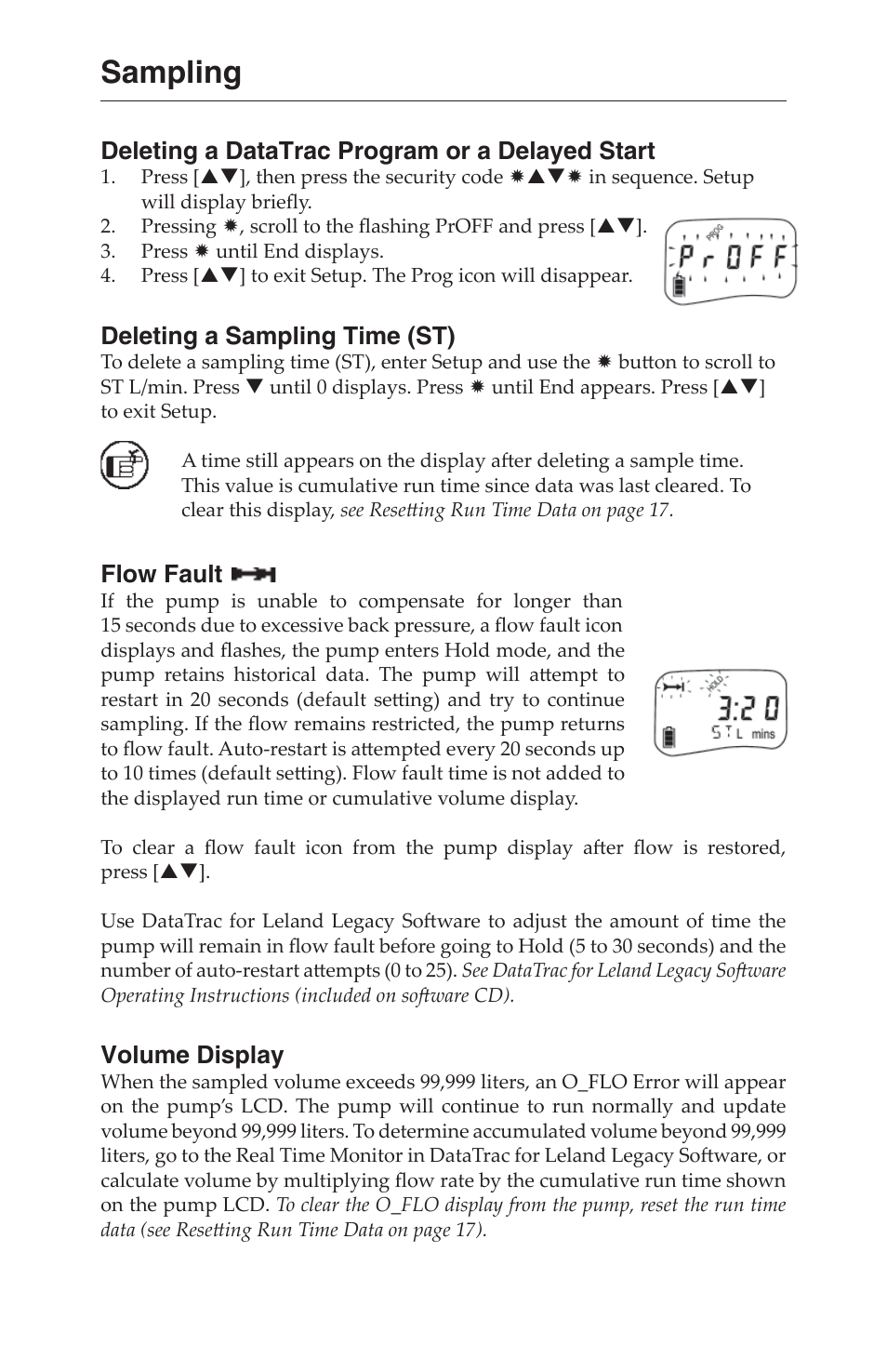 Sampling, Deleting a datatrac program or a delayed start, Deleting a sampling time (st) | Flow fault, Volume display | SKC 100-3000 Leland Legacy User Manual | Page 21 / 25