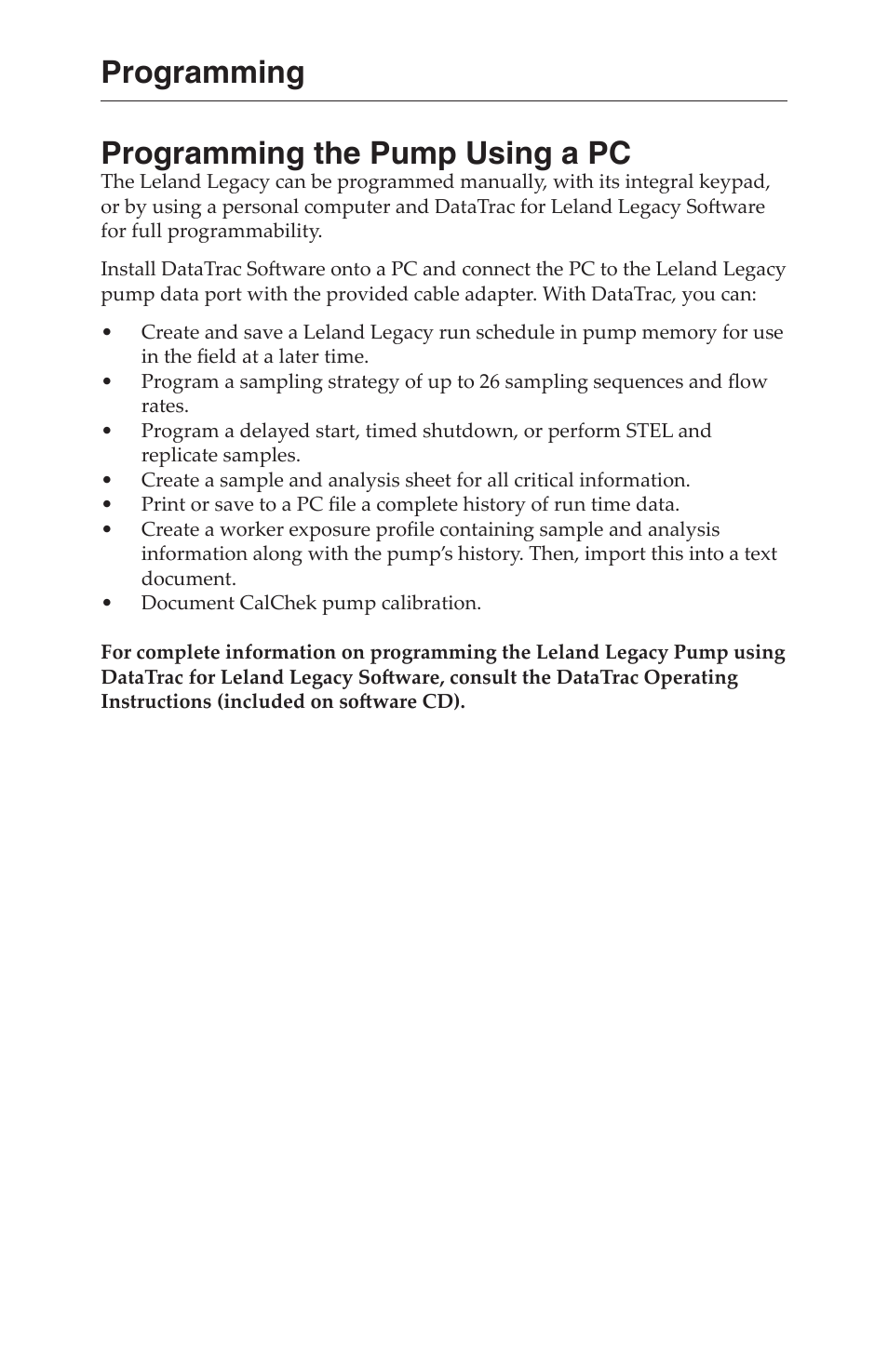 Programming the pump using a pc, Programming | SKC 100-3000 Leland Legacy User Manual | Page 23 / 25