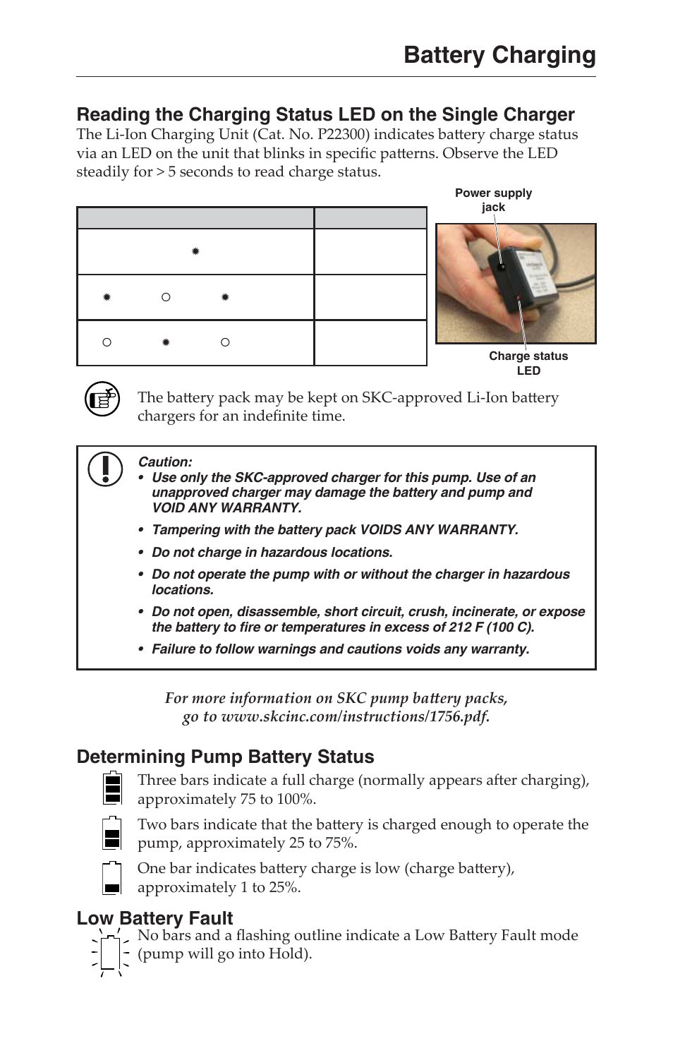 Battery charging, Determining pump battery status, Low battery fault | SKC 100-3000 Leland Legacy User Manual | Page 8 / 25