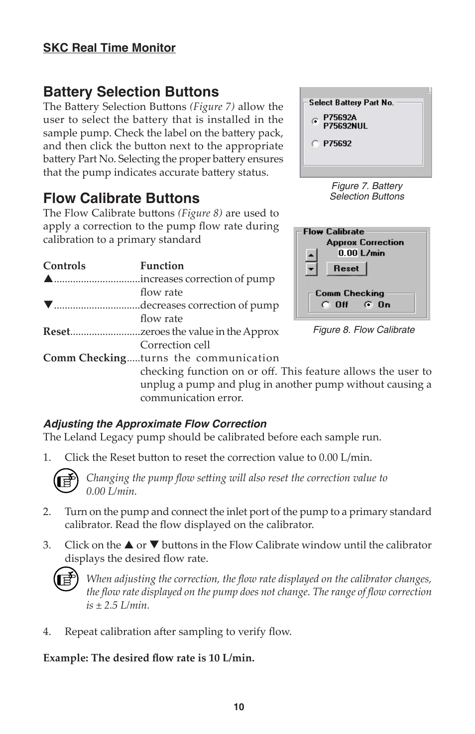 Battery selection buttons, Flow calibrate buttons | SKC DataTrac for the Leland Legacy User Manual | Page 13 / 44