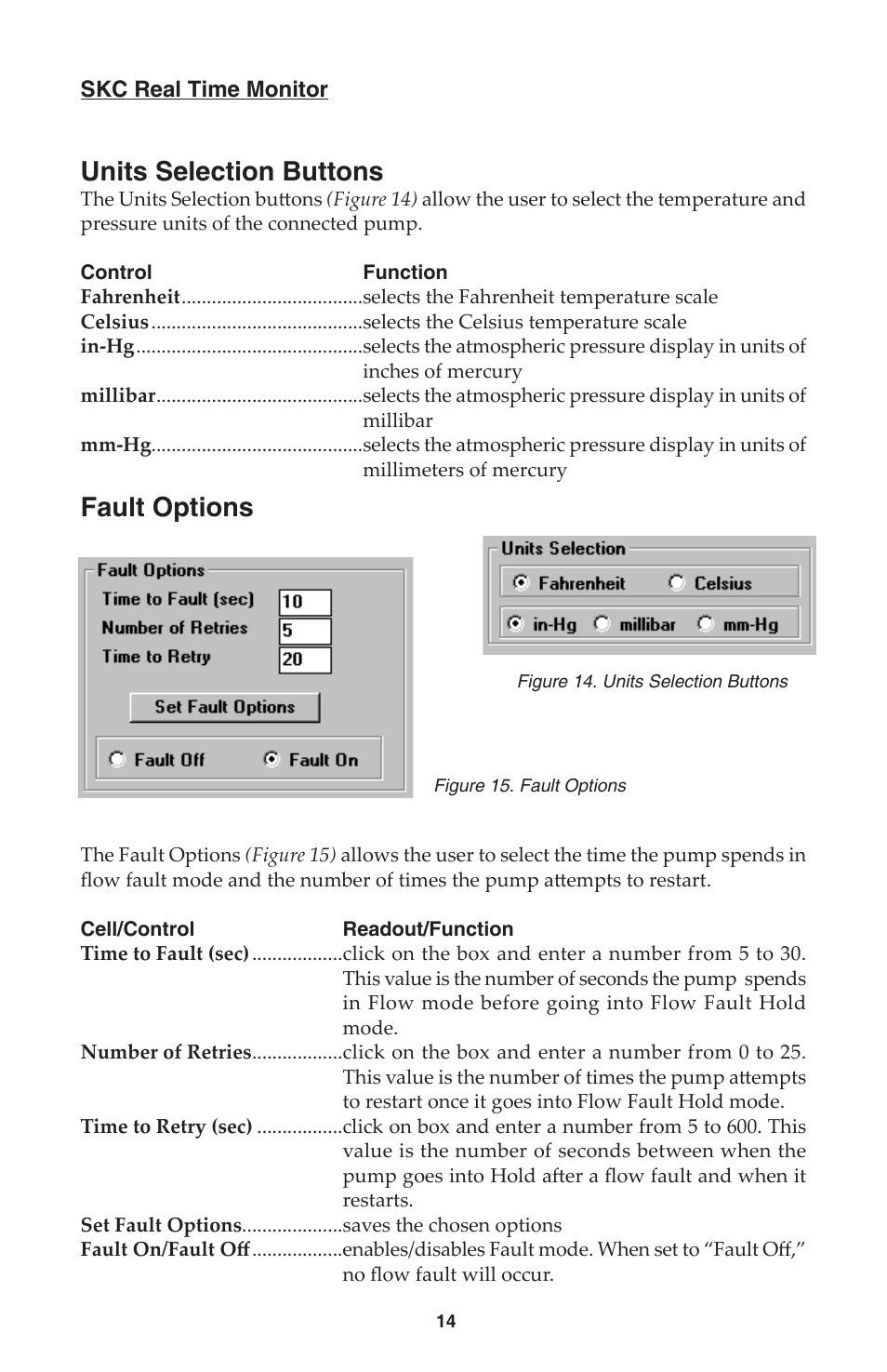 Units selection buttons, Fault options | SKC DataTrac for the Leland Legacy User Manual | Page 17 / 44