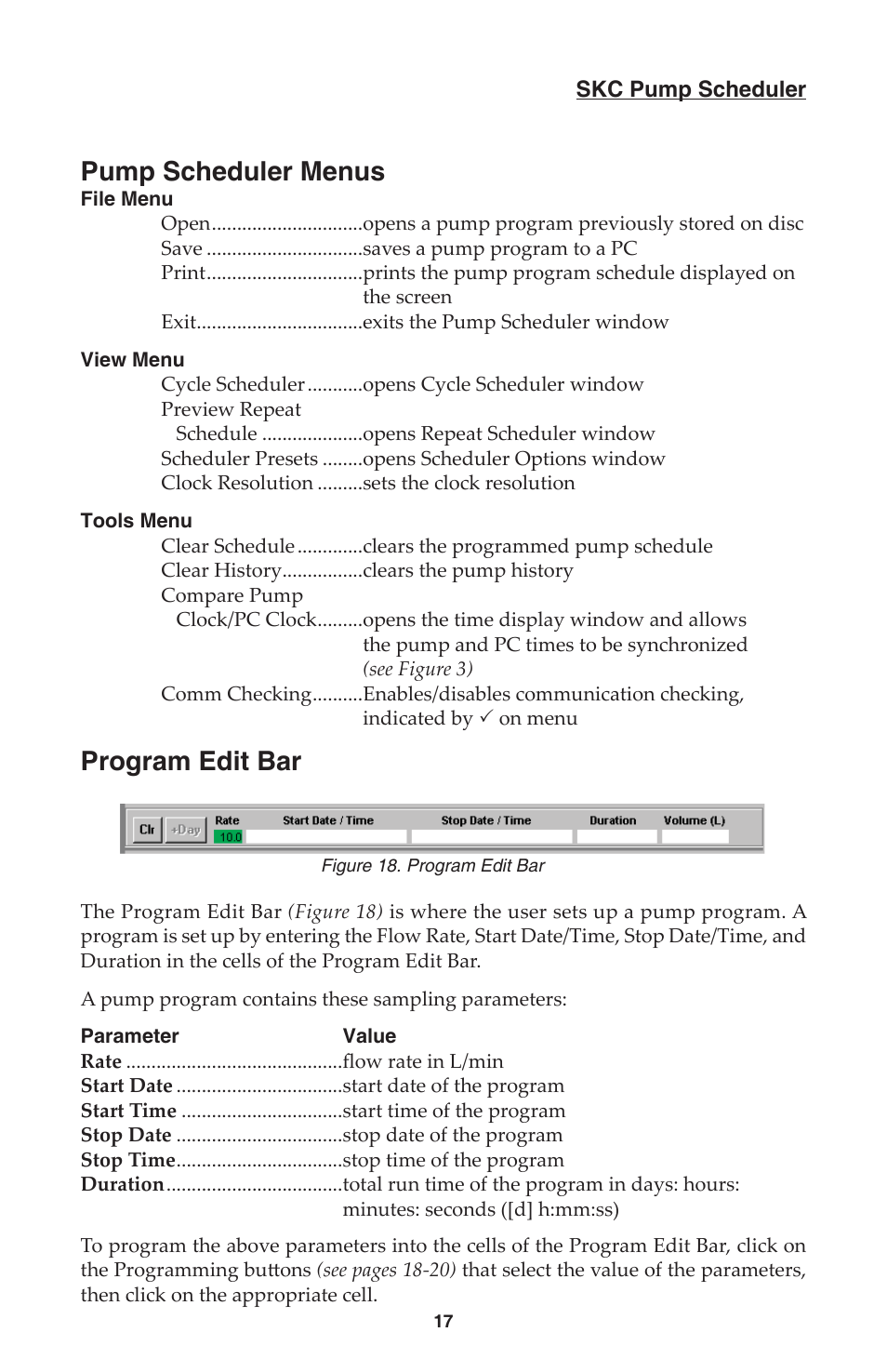 Pump scheduler menus, Program edit bar | SKC DataTrac for the Leland Legacy User Manual | Page 20 / 44