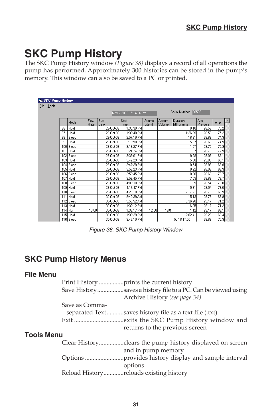 Skc pump history, Skc pump history menus | SKC DataTrac for the Leland Legacy User Manual | Page 34 / 44