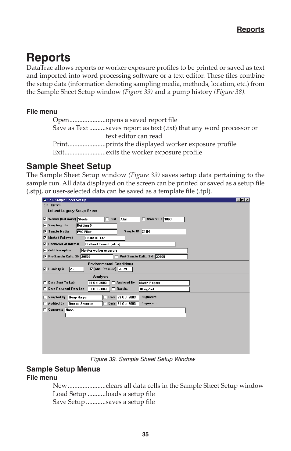 Reports, Sample sheet setup | SKC DataTrac for the Leland Legacy User Manual | Page 38 / 44