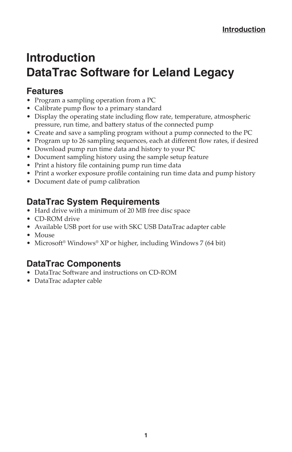 Introduction datatrac software for leland legacy, Features, Datatrac system requirements | Datatrac components | SKC DataTrac for the Leland Legacy User Manual | Page 4 / 44