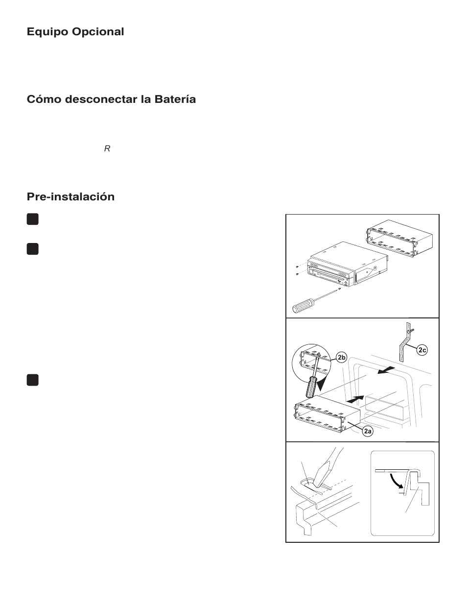 Equipo opcional, Cómo desconectar la batería, Pre-instalación | CHALLENGER VM9214R User Manual | Page 6 / 20